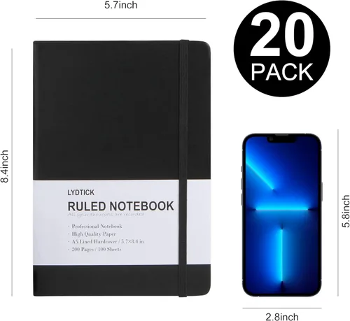 Miniatura 2 de Paquete de 20 Diarios para Escritura, Cuadernos con Rayas Universitarias a Granel, Cuadernos de Tapa Dura (200 Páginas) para Toma de Notas, Diarios