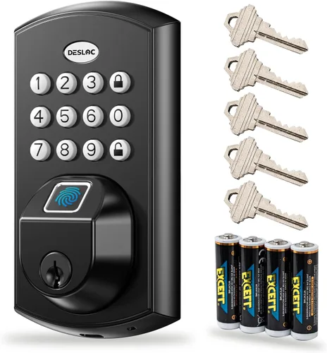 DESLOC A100F - Cerradura de teclado con huella digital para puerta de entrada, cerradura inteligente sin llave, cerrojo para puerta delantera, fácil