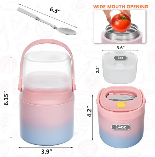 Miniatura 6 de Termo de sopa 2 en 1 para comida caliente, 14 onzas con caja de aperitivos, contenedor aislado a prueba de fugas, recipiente de almuerzo aislado