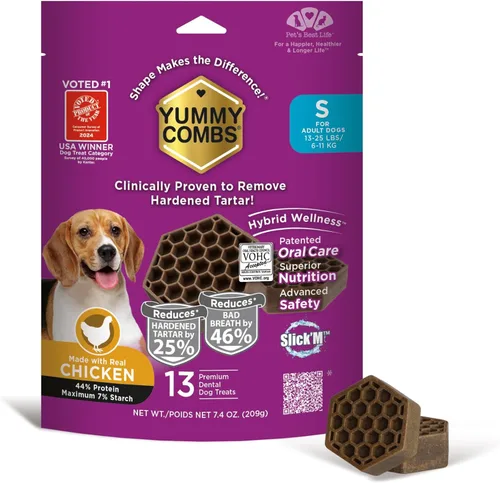 Miniatura 14 de Yummy Combs Golosinas dentales para perros, aprobadas por veterinarios VOHC, deliciosa proteína de pollo, elimina el sarro con forma de peine