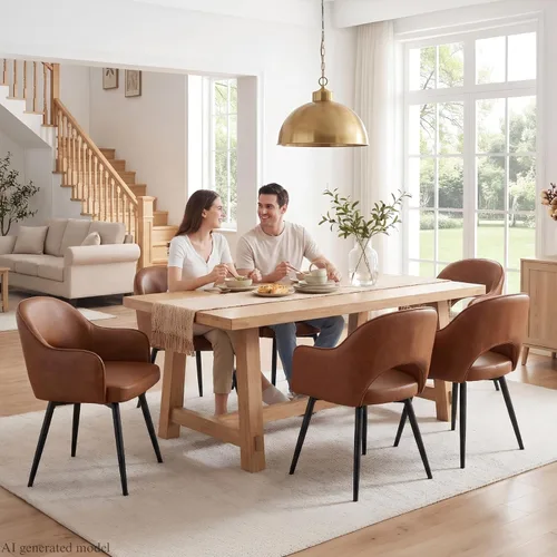Miniatura 5 de DUOMAY Juego de 2 sillones giratorios tapizados de piel sintética moderna con patas de metal para cocina, sala de estar, color marrón