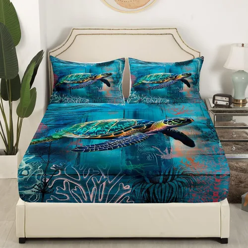 Miniatura 3 de Sábana bajera ajustable de tamaño individual para niños, diseño de animales marinos náuticos, juego de ropa de cama coral bajo el mar, juego de ropa