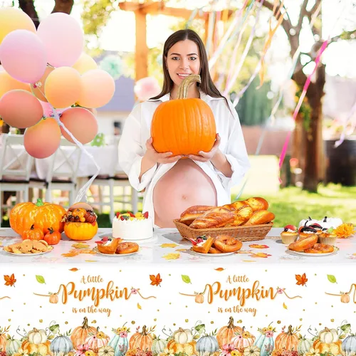 Miniatura 5 de WovWeave Paquete de 3 manteles de calabaza pequeña para decoración de fiesta de baby shower de otoño para niños y niñas, fundas de mesa para Acción