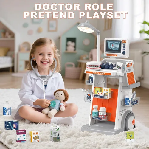 Miniatura 3 de RedCrab Kit de Doctor para Niños, Juego de Doctores para Niños de 32 Piezas con Carrito Médico, Estetoscopio, Termómetro y Jeringa, Juguete de Juego