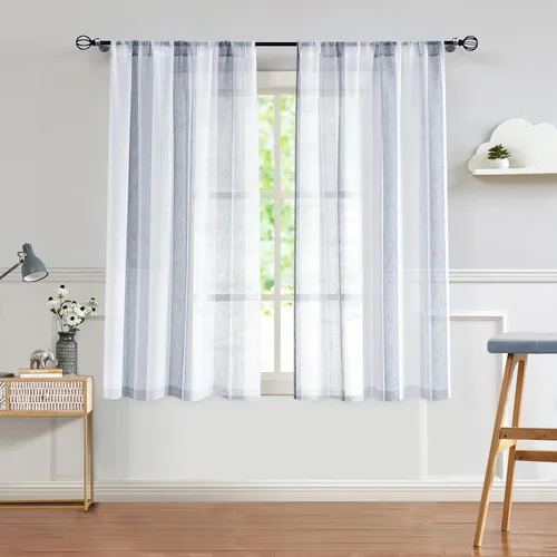 Miniatura 10 de Central Park Cortinas Transparentes de Rayas Beige y Blancas Estilo Granja de Lino Bouclé, Pares de Paneles de Cortina de Ventana Tejidos con Hilo