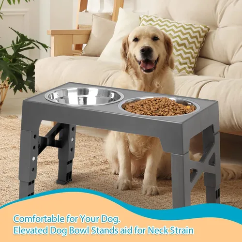 Miniatura 9 de Niubya Cuencos elevados para perros con 2 cuencos de comida de acero inoxidable para perros, cuenco elevado para perros que se ajusta a 5 alturas
