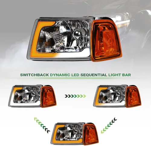 Miniatura 7 de Switchback - Barra de tubo LED secuencial con carcasa cromada, faros delanteros de cristal con lámparas de esquina de señal, reflector ámbar, 4