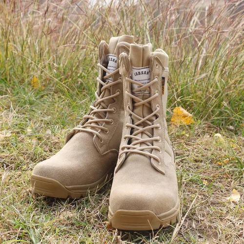 Miniatura 7 de IODSON Botas tácticas militares para hombre con cremallera lateral, botas de trabajo resistentes a pinchazos, botas de combate del desierto, botas