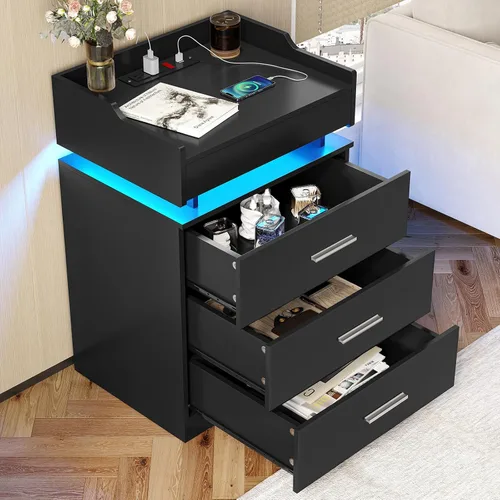 Miniatura 6 de BTHFST Mesita de noche grande con estación de carga y luces LED, mesita de noche negra con 3 cajones y 1 bandeja extraíble, mesa auxiliar