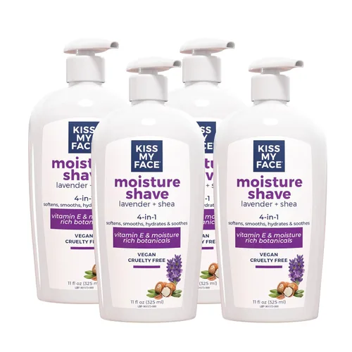 Kiss My Face Crema de afeitar humectante, crema de afeitar para hombres y mujeres, botella con bomba de 11 onzas, lavanda y karité, paquete de 4