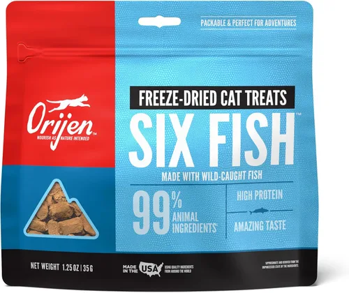 ORIJEN Golosinas para gatos liofilizadas sin granos con alto contenido de proteínas, ingredientes animales crudos Seis pescados 1.25oz Bolsa