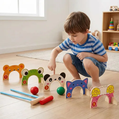 Miniatura 5 de Toddmomy Juego de croquet de madera de animales para niños, juego completo familiar para interiores y exteriores con 5 cubos de animales y 2 mazos