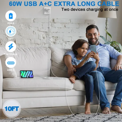 Miniatura 6 de Cargador rápido de 10 pies para iPhone 17/16e, paquete de 2 adaptadores de corriente USB C+A de 20 W de doble puerto, cable de carga rápida USB C a