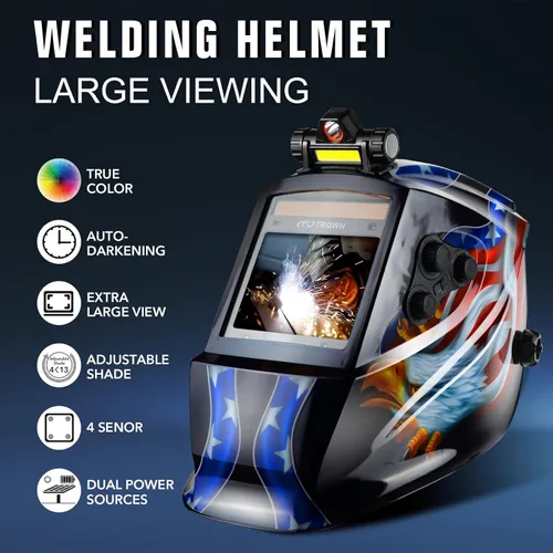 Miniatura 2 de TRQWH Welding Helmet Auto Darkening Large Viewing True Color Solar Powered Welding Mask with 4 Arc Sensor Adjustable Wide Shade Range 4~5-8/9-13