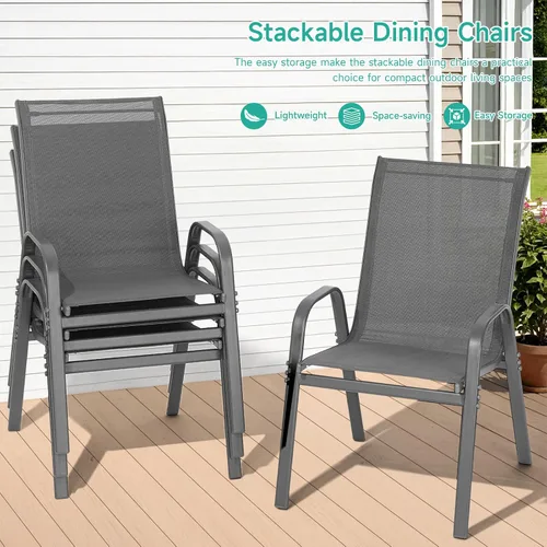 Miniatura 5 de Juego de 2 sillas de patio, sillas de comedor exterior apilables de fácil montaje con respaldo alto y asiento ancho, sillas exteriores transpirables