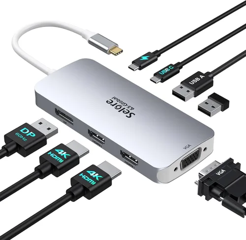 Miniatura 10 de Estación de acoplamiento USB C con adaptador de monitor dual HDMI, Selore USB C Hub para 3 monitores con dual HDMI, DisplayPort, VGA, carga PD