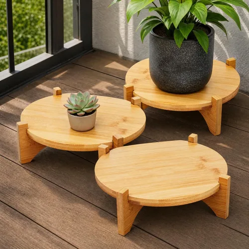 Miniatura 6 de Pumtus Paquete de 2 soportes pequeños para plantas, soporte de madera para macetas de interior, soporte desmontable de bambú para macetas