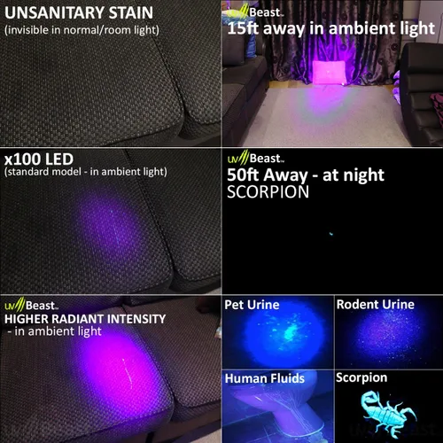 Miniatura 8 de uvBeast Linterna UV de luz negra – Alta potencia 100 LED con efecto de inundación de 30 pies – Grado profesional 385nm-395nm mejor para uso