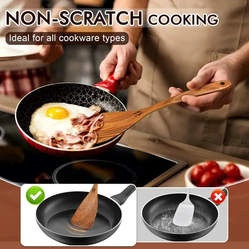 Miniatura 4 de Cucharas de madera para cocinar, 6 piezas, juego natural de utensilios de cocina de madera de teca, juego de utensilios de cocina con mango largo