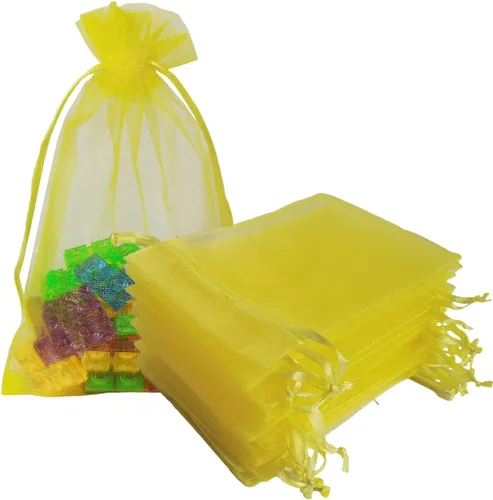Bolsas de Regalo de Organza 100 Unidades con Cordón 4x6 Pulgadas Amarillo para Baby Shower, Cumpleaños de Niña, Recuerdos de Fiesta, Boda, Despedida