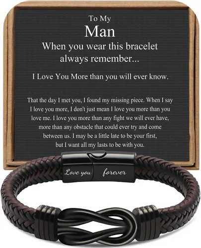Pulsera de nudo de hombre para regalo, cuero trenzado color marrón, del infinito, de acero inoxidable, con la frase Love You Forever, para hijos,