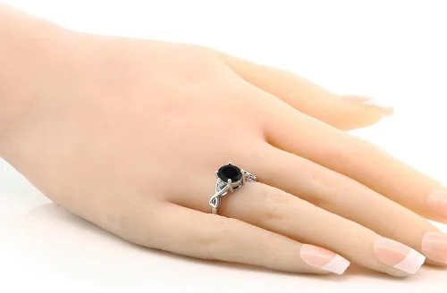 Miniatura 2 de Gem Stone King Anillo de compromiso de plata de ley 925 con ónix negro y topacio blanco para mujer