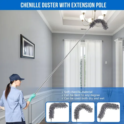 Miniatura 5 de UIMO Kit de plumero de microfibra 5 en 1 para quitar el polvo y la limpieza, poste de extensión de 30 a 100 pulgadas, agarre antideslizante, Azul