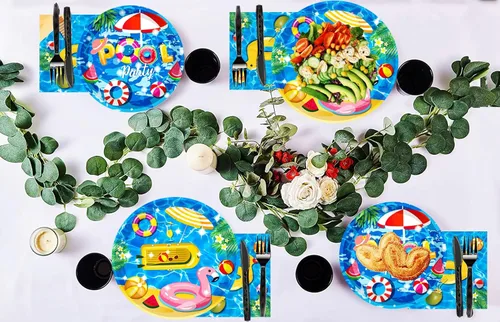Miniatura 7 de Juego de 150 piezas de suministros para fiestas en la piscina: platos de 9 y 7 pulgadas, servilletas, cuchillos, tenedores, cucharas para playa, Pool