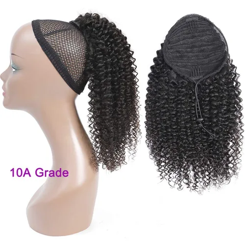 Miniatura 5 de Cola de caballo de cabello humano rizado con cordón brasileño Remy Extensin 3C Kinky Curly Hair Clip en pieza de pelo color natural sedoso suave 10