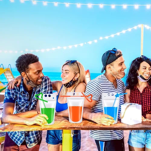 Miniatura 5 de Tessco for you 10 bolsas de plástico de verano para bebidas con pajitas, bolsas de mano translúcidas resellables de 17 onzas, bolsas portátiles