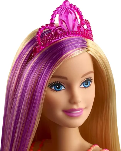 Miniatura 8 de Barbie Dreamtopia Royal Fashion Muñeca y accesorio, rubio con rayas moradas con falda rosa extraíble y diadema
