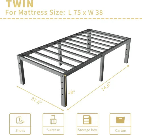 Miniatura 3 de ALDRICH Base de cama metálica de 18 pulgadas para cama individual - Plataforma básica de listones de acero negro, fácil de montar, resistente y sin