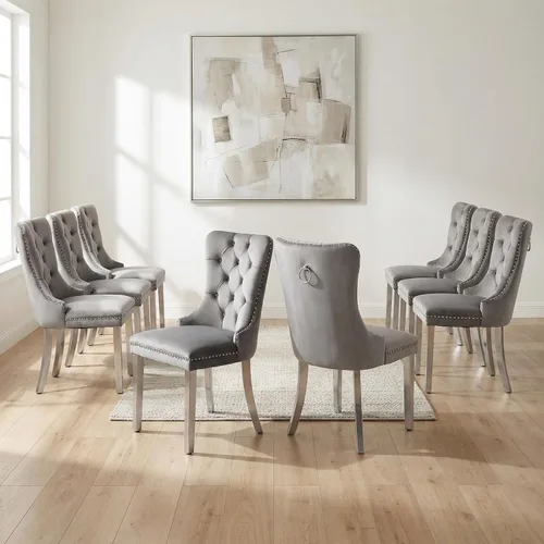 Miniatura 114 de OVENTA Juego de 4 sillas de comedor modernas tapizadas copetudas, terciopelo negro y gris y cuero con patas de madera maciza, sillas de cocina