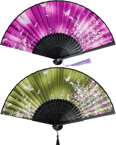 Miniatura 9 de Hotop 2 abanicos de mano plegables de seda con marcos de bambú para mujeres, color rosa y azul, portátil, artesanías chinas para bailar, accesorios