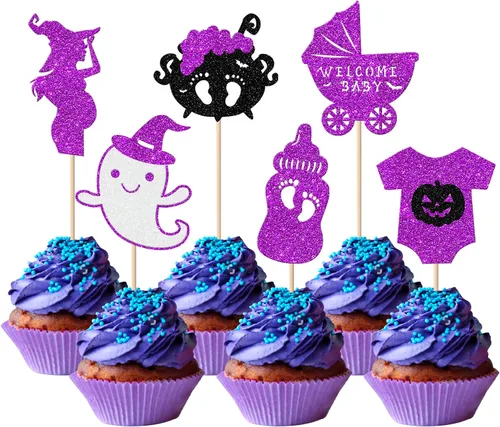 Miniatura 23 de Rsstarxi Paquete de 36 adornos para cupcakes de Halloween, murciélagos con purpurina, palitos de calabaza y calabazas, sombrero de bruja