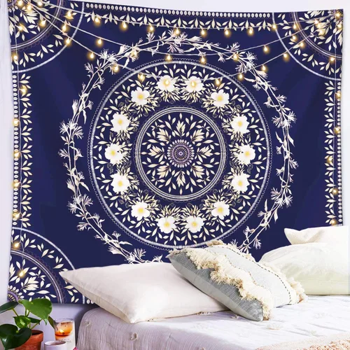 Miniatura 4 de Lifeel - Tapiz bohemio azul para colgar en la pared, tapiz hippie de mandala, medallón floral con diseño de corona estética blanca, manta decorativa