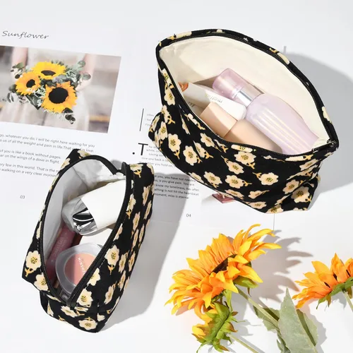 Miniatura 4 de SOIDRAM 2 Piezas Bolsa de Maquillaje con Flores, Bolsa de Cosméticos Grande de Capacidad, de Lona, Mezcla de Viaje, Organizador de Artículos de Flor