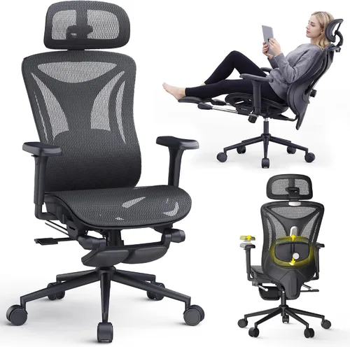 CYKOV Silla de oficina ergonómica con reposapiés, soporte lumbar ajustable y reposacabezas, silla de computadora reclinable de malla de 90-160°,