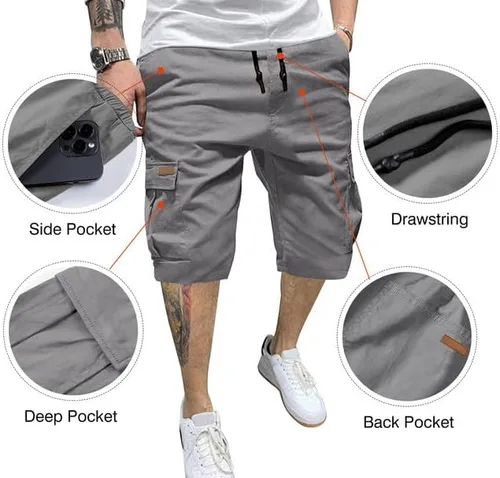 Miniatura 7 de JMIERR Pantalones cortos de sarga para hombre con cordón de algodón clásico elástico con 6 bolsillos