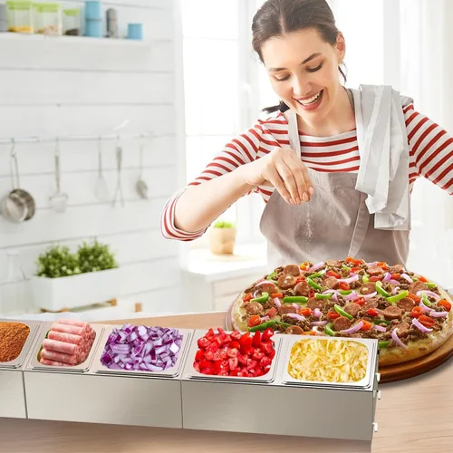 Miniatura 6 de Estación de cobertura de pizza para mesa de horno de pizza, recipiente de pizza de acero inoxidable con 6 recipientes de condimentos con tapas