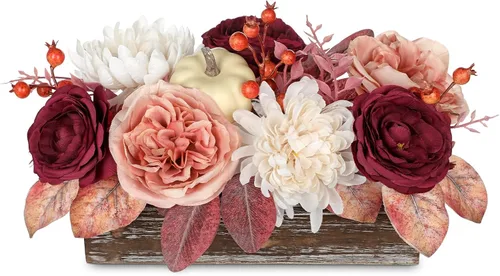 Miniatura 16 de DILATATA Arreglo floral con jarrón de madera, flores artificiales de 10 pulgadas en maceta, flores falsas en jarrón rectangular de madera blanco