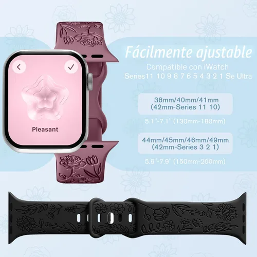 Miniatura 9 de SNBLK Paquete de 6 correas florales grabadas compatibles con Apple Watch de 40mm 41mm 42mm 38mm 44mm 45mm 46mm 49mm, mujeres y hombres, correa