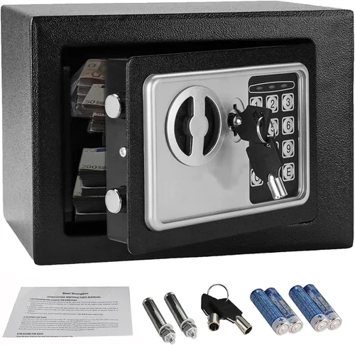 Caja fuerte de acero pequeña de seguridad ignífuga impermeable con bloqueo de teclado y llaves, caja de seguridad digital de 0.2 pies cúbicos para