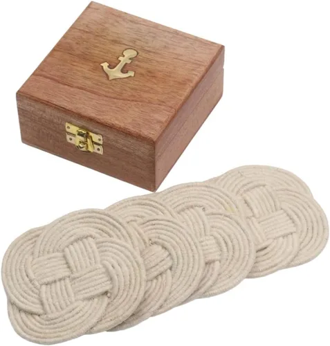 Miniatura 10 de Juego de 4 posavasos con soporte de caja de madera, posavasos absorbentes para bebidas y mesa de café, posavasos hechos a mano con cuerda de yute
