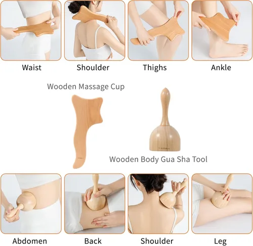Miniatura 5 de AiRelax Paquete de 7 herramientas de masaje de terapia de madera para moldear el cuerpo, masajeador de celulitis, kit de maderoterapia colombiana, 7