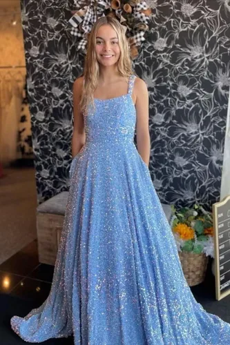Miniatura 3 de Raseal Una línea de cuello cuadrado lentejuelas vestido de fiesta brillante correas espagueti vestidos largos con bolsillos RS025