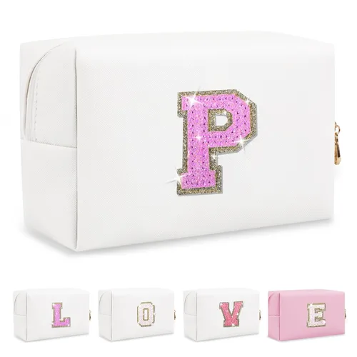 Miniatura 359 de Pequeña bolsa de maquillaje personalizada con inicial A-Z Preppy Patch, bolsa de cosméticos de viaje de felpilla blanca con cremallera, bonita bolsa