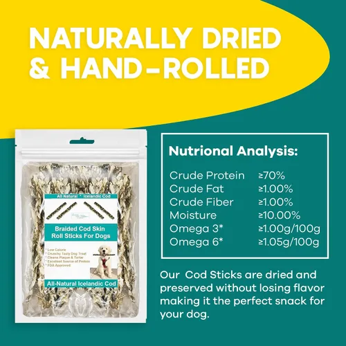 Miniatura 5 de Ocean Tides Pieles trenzadas de bacalao islandés de 8 onzas para perros y gatos – Un solo ingrediente, piel de pescado capturada en la naturaleza