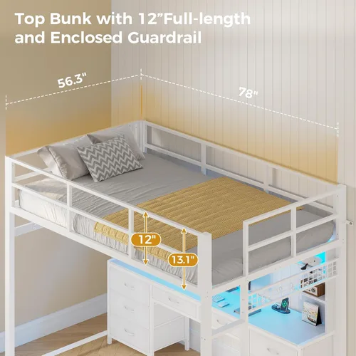 Miniatura 7 de ADORNEVE Cama tipo loft de tamaño completo con escritorio y 8 cajones de almacenamiento, camas loft de metal completas con luces LED y estación