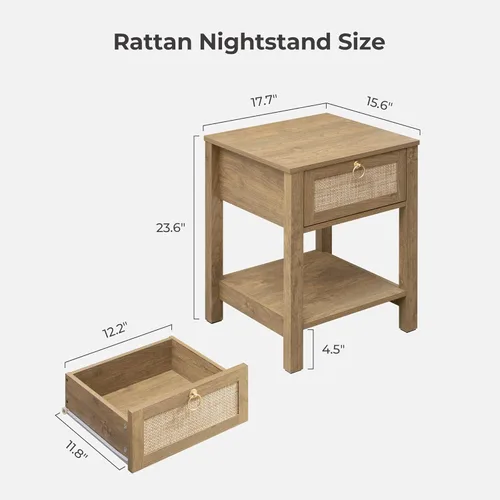 Miniatura 2 de SICOTAS Mesita de noche de ratán, cajón decorativo de ratán con perillas de latón, mesita de noche, mesa auxiliar bohemia con estante